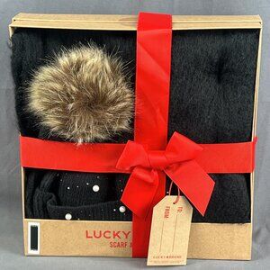 New in Box, Lucky Brand Black Pom Beanie & Matching Scarf Set.